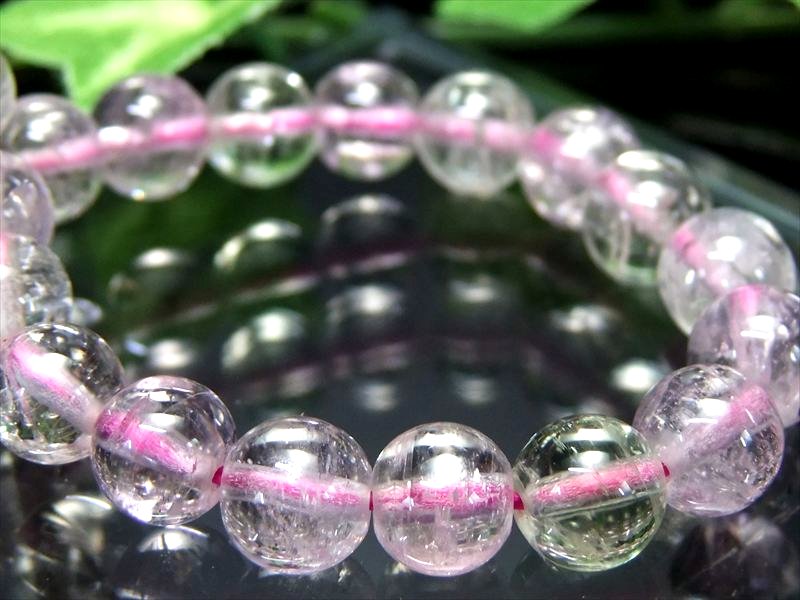 5A クンツァイト ブレスレット 7mm-7.5mm×26珠 きらりと目を引くキャッツアイ効果の珠も キラキラ反射 リチア輝石 一点物 ブラジル産 bl-