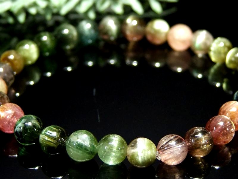 透明インディゴ珠有り 4A+ キャッツアイ MIXトルマリン ブレスレット 6.5mm-7mm×30珠 ポップなパステルカラー 幸運・健康を引き寄せる石 極上宝石質グレード