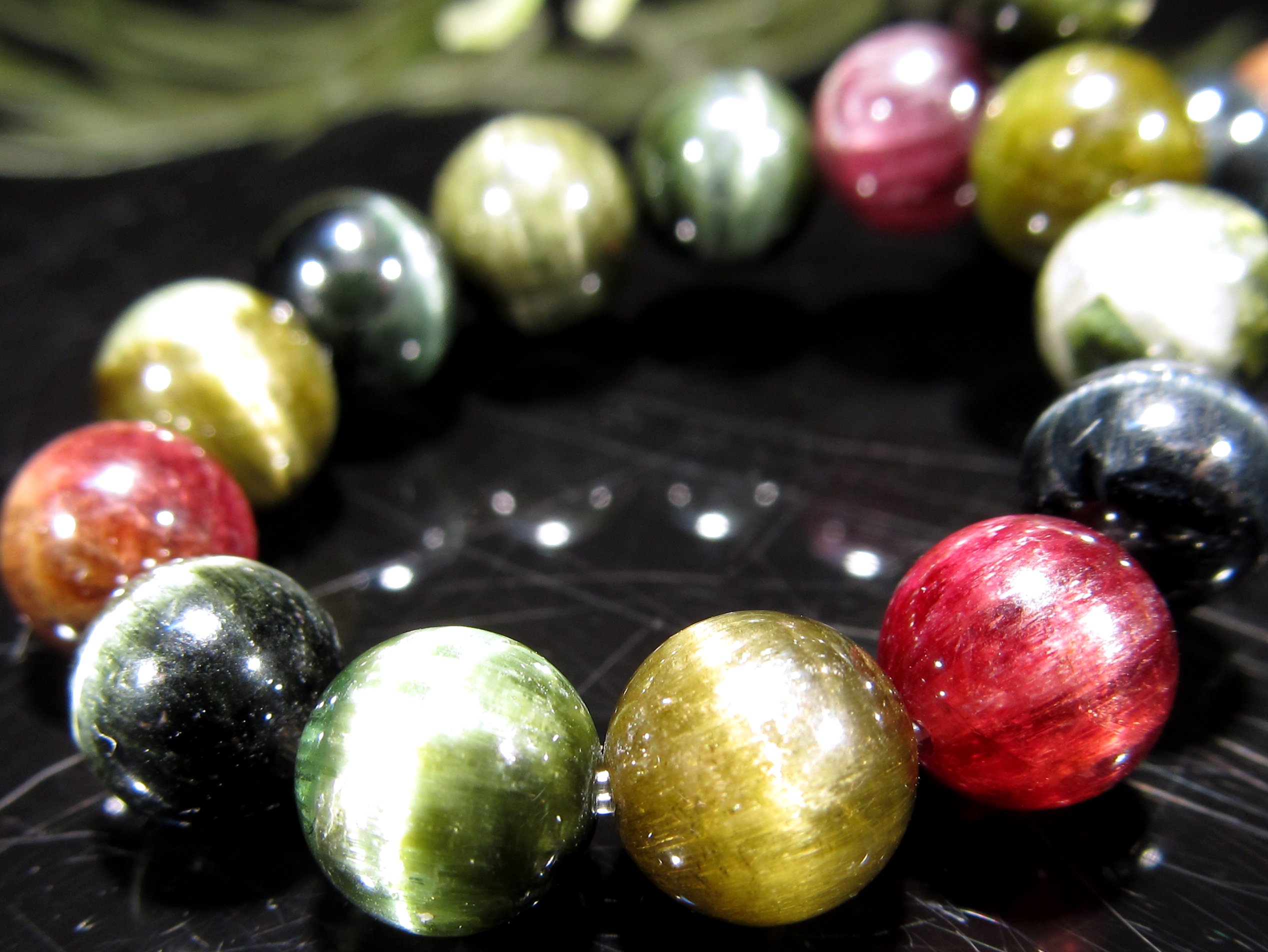 全珠キャッツアイ 4A+ キャッツアイ MIX トルマリン ブレスレット 7mm-7.5mm×26珠 希少 激レア キャッツアイヴェルデライト 電気石 ブラジル産