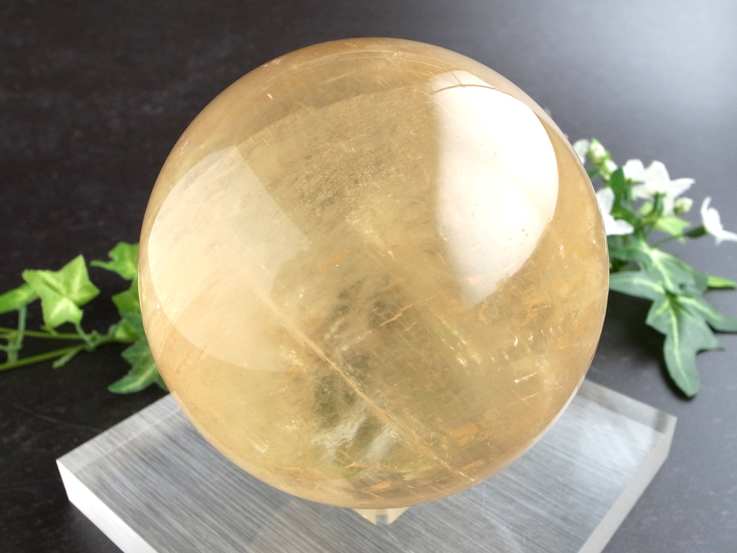 5A 超透明 キラキラ ゴールデン カルサイト 丸玉 台座付 直径約93mm 重さ1180g 繁栄と成功の象徴 丸玉置物 一点もの メキシコ産 パワーストーン 天然石