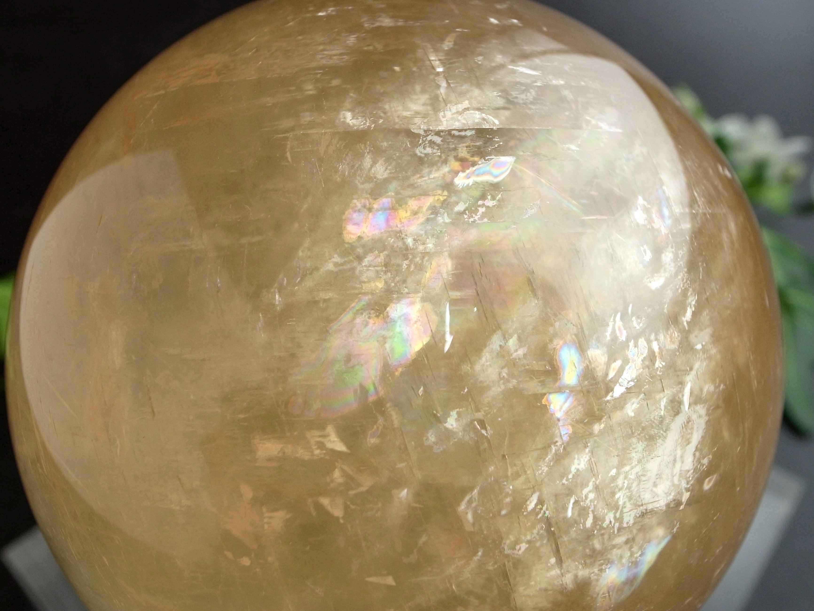 5A 超透明 キラキラ ゴールデン カルサイト 丸玉 台座付 直径約94mm 重さ1232g 繁栄と成功の象徴 丸玉置物 一点もの メキシコ産 パワーストーン 天然石