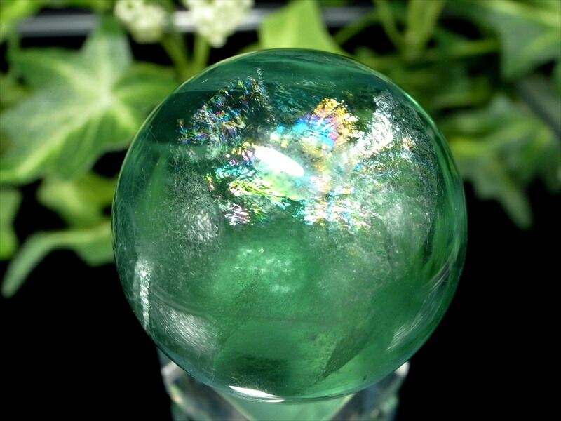5A 虹入り 蛍光エメラルドグリーン フローライト 丸玉 台座付き 直径約34.5mm 重さ69g 大人気丸玉 天才の石 つやつや光沢 一点もの 蛍石 アメリカ産