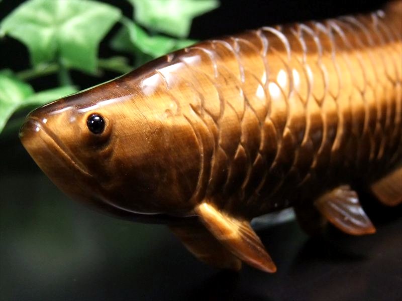 美しいゴールドのシラー アロワナ タイガーアイ 置物 台座付き 幅約117mm 約171g 虎目石 龍魚と呼ばれる古代魚 権力や繁栄、事業の発展の意味を持つモチーフ