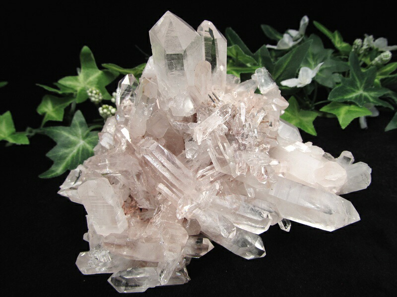 ギャランティカード付 店頭展示中 幻の逸品 希少 ほんのりピンク 抜群の透明度 ピンク レムリアン 水晶 クラスター 最大幅 約135mm 重さ 487.5g