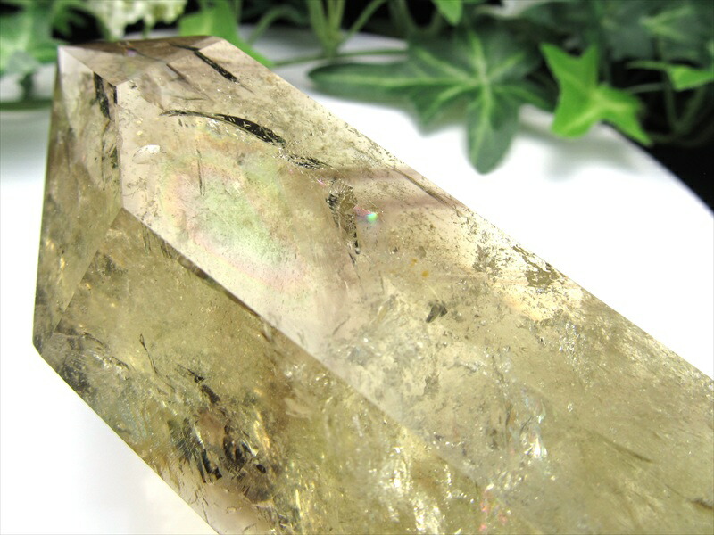 虹入り 大きめサイズ 雷神ファントム シトリン 六角柱 ポイント 専用木製台座付 高さ143mm 重さ382g 超透明 一点もの 黄水晶 ブラジル産 パワーストーン