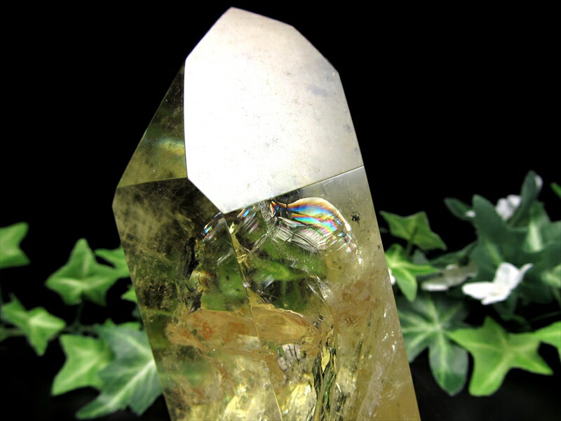 虹入り シトリン ポイント 置物 専用木製台付 高さ約155mm 重さ681g 濃厚発色 黄水晶 11月の誕生石 一点もの ブラジル産 パワーストーン 天然石