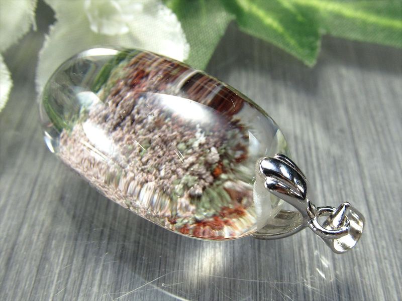 5A 龍神ガーデンクォーツ オーバル型 ペンダントトップ 縦約27mm 重さ約8.9g クリア水晶に映える庭園 健康・長寿と繁栄をもたらす 庭園水晶 1点物 silver925
