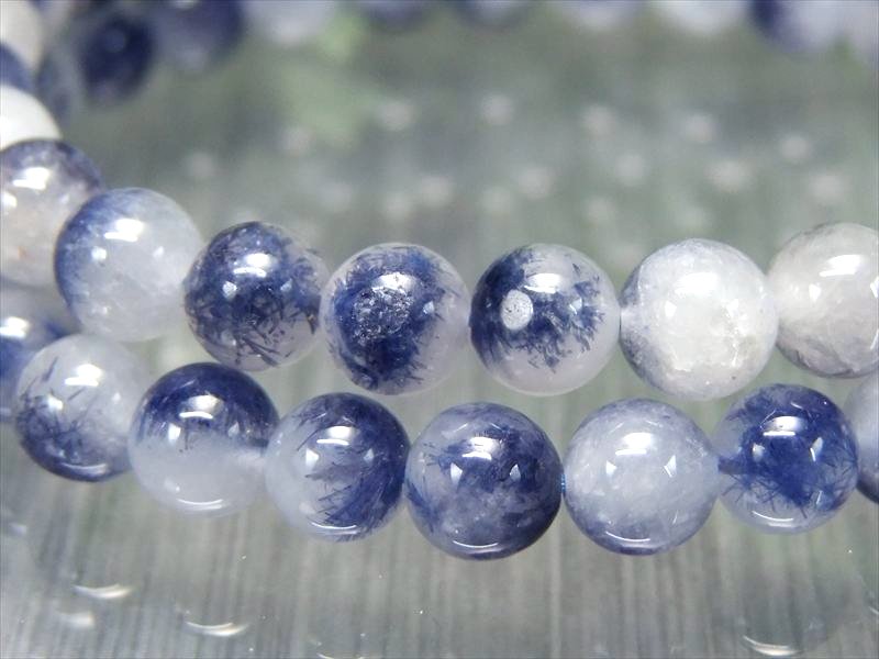 現品撮影の6本 くっきり結晶 4A デュモルチェライト イン クォーツ ブレスレット 6mm-6.5mm×30珠 濃厚ブルーガーデンクォーツ 思慮の石