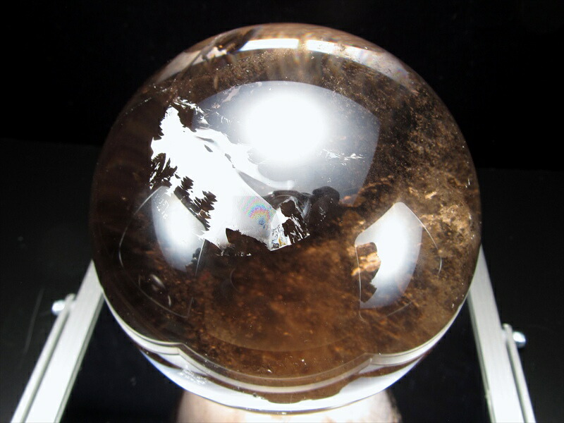 特大サイズ 虹入り 虹入り スモーキークォーツ 丸玉 台座付き 直径110mm 重さ1442g 魔除け・厄除けのお守りに 茶水晶 レインボーたっぷり 一点物 ブラジル産