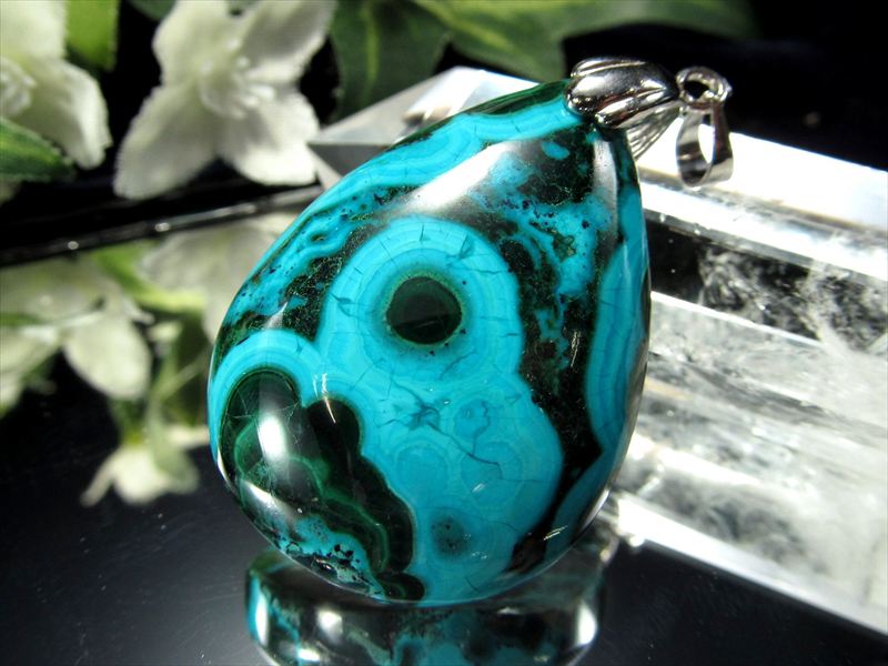 希少 天眼模様入り 天眼クリソコラマラカイト ぷっくりドロップ型 ペンダントトップ 石サイズ縦約35mm 重さ約12.6g 大人気の癒しの石 1点物 Silver925