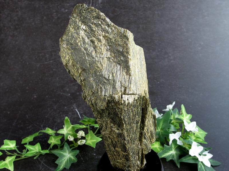 深緑が息づく 森のエネルギー結晶 グリーン ゾイサイト 原石 木製専用台座付 高さ209mm 重さ1029g グリーンゾイサイト原石が育む 心と空間の豊かさ