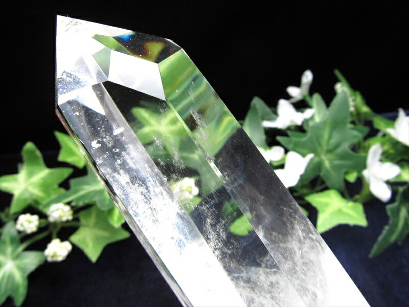 ラダー・ウインドウ入り 天然 水晶 ポイント 六角柱 専用木製台座付 台座有りの高さ174mm 重さ410g 極上超透明 浄化 インテリア一点もの ブラジル産