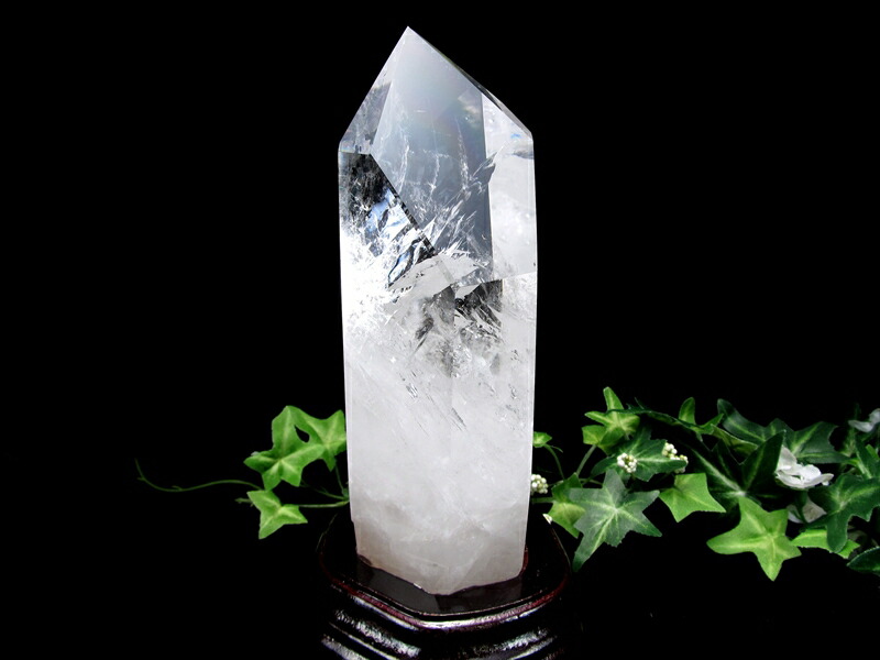 虹入り 透明水晶 ポイント 六角柱 専用木製台座付 高さ96mm 重さ961g 極上超透明 浄化 インテリア一点もの ブラジル産 パワーストーン 天然石