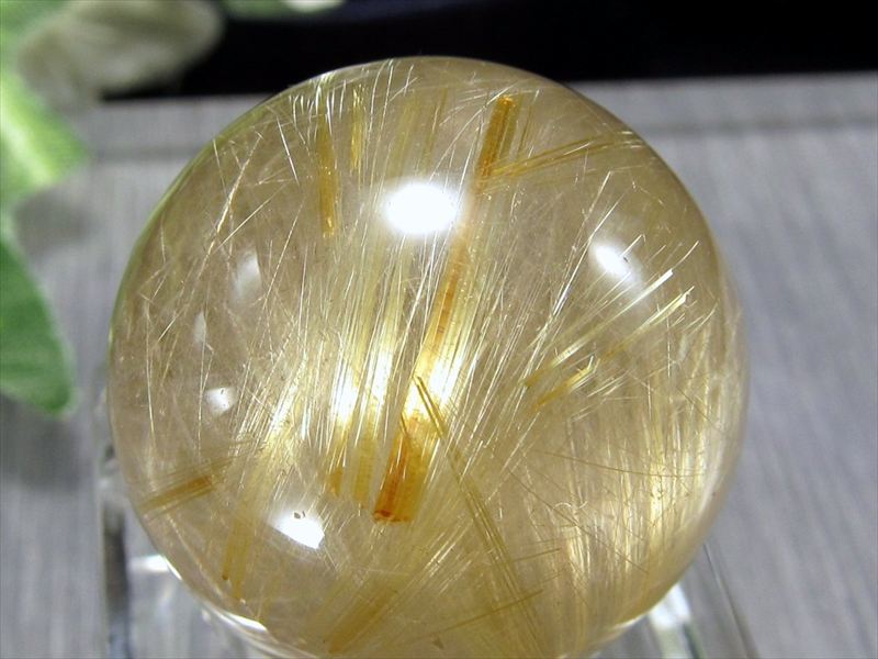 束状金針 ゴールドルチル クォーツ 丸玉 K9台座付き 直径約23mm 重さ16.3g ルチルクォーツ パワーストーン 一点もの ブラジル産 パワーストーン 天然石