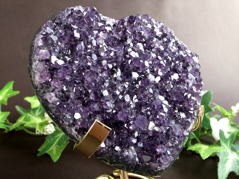 アメジスト ハート型 クラスター ゴールデン台座付 最大幅103mm 重さ495g 極上濃厚パープル&美結晶 愛の守護石 紫水晶 1点物 ウルグアイ産 パワーストーン