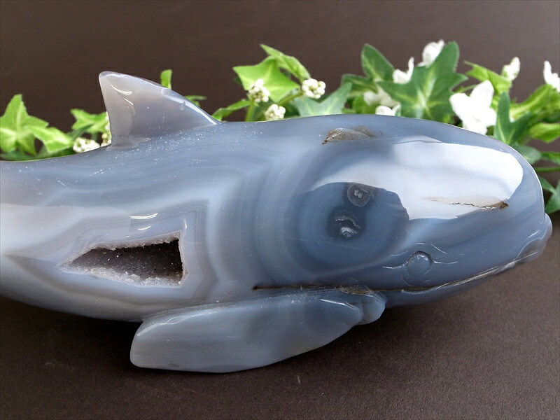 福を招く笑顔で 悠々と泳ぐ巨体 笑口 メノウ シロナガスクジラ 彫刻置物 最大幅207mm 瑪瑙 アゲート 幸運を運び込む 魔除けと財運の共存 ブラジル産