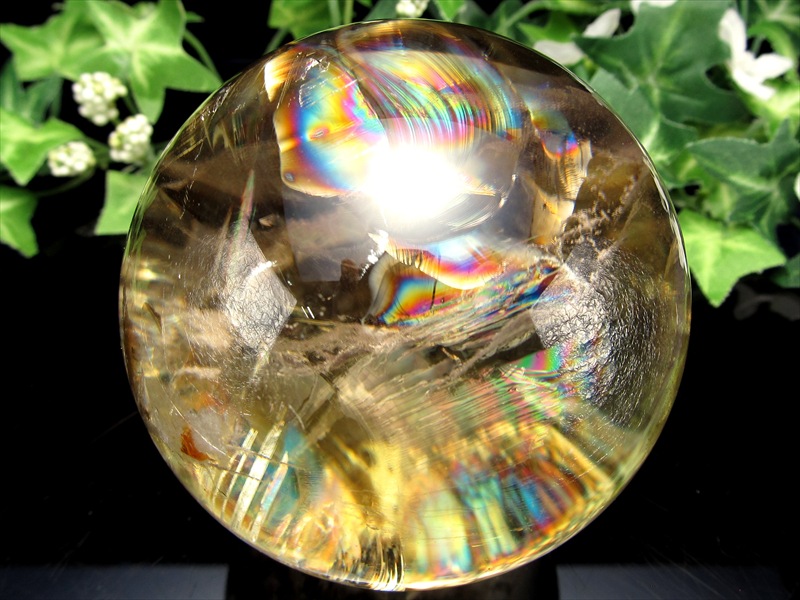 超透明 5A 虹入り シトリン 丸玉 台座付き 直径69mm 重さ463.9g 透明感抜群 金運 財運 幸運 お守りにも 一点もの ブラジル産 パワーストーン 天然石