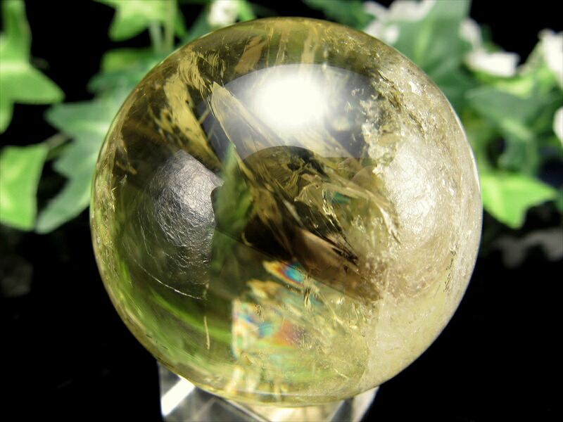 超透明 5A ファントム・虹入り シトリン 丸玉 台座付き 直径42mm 重さ104g 透明感抜群 金運 財運 幸運 お守りにも 一点もの ブラジル産 パワーストーン 天然石