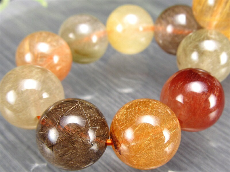 迫力の大珠 AA+ MIXルチルクォーツ ブレスレット 約11.5mm-12mm×17珠 秋を閉じ込めた針の芸術品 針バランス良好 財運・活力を呼ぶ守護石 一点もの