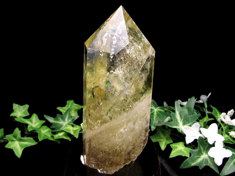 虹入り シトリン ポイント 六角柱 専用木製台座付 高さ約173mm 重さ717.5g 黄水晶 11月の誕生石 一点もの ブラジル産 パワーストーン 天然石