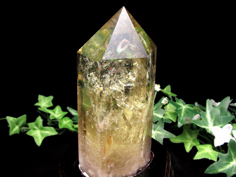 虹入り シトリン ポイント 六角柱 専用木製台座付 高さ約160mm 重さ681.5g 黄水晶 11月の誕生石 一点もの ブラジル産 パワーストーン 天然石