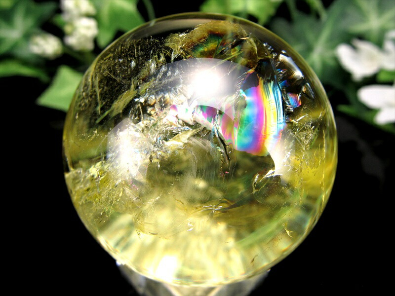 超透明 S級 虹入り シトリン 丸玉 台座付 直径約43mm 重さ109.6g 透明感抜群 金運 財運 幸運 お守りにも 一点もの ブラジル産 パワーストーン 天然石