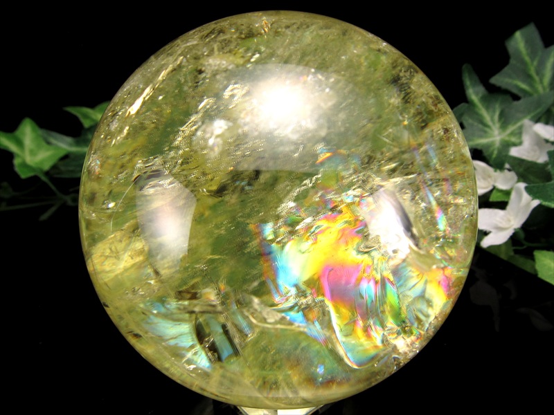 虹入り S級 レインボー シトリン 丸玉 台座付き 直径約70mm 重さ476.1g 透明感抜群 金運 財運 幸運 お守りにも 一点もの ブラジル産 パワーストーン 天然石