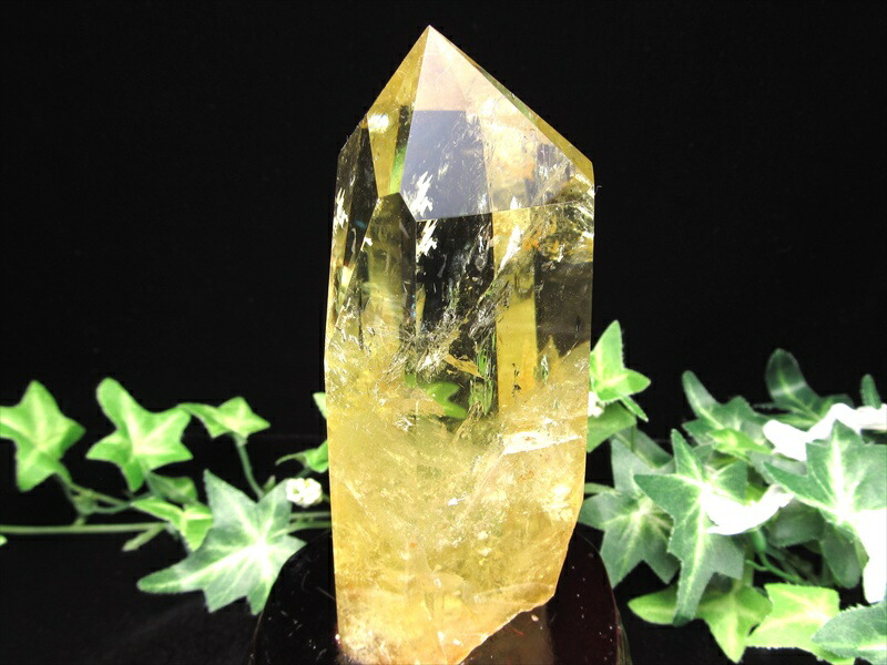 虹・ファントム入り レインボー シトリン ポイント 置物 専用木製台付 高さ約147mm 重さ381.5g 濃厚発色 黄水晶 11月の誕生石 一点もの ブラジル産