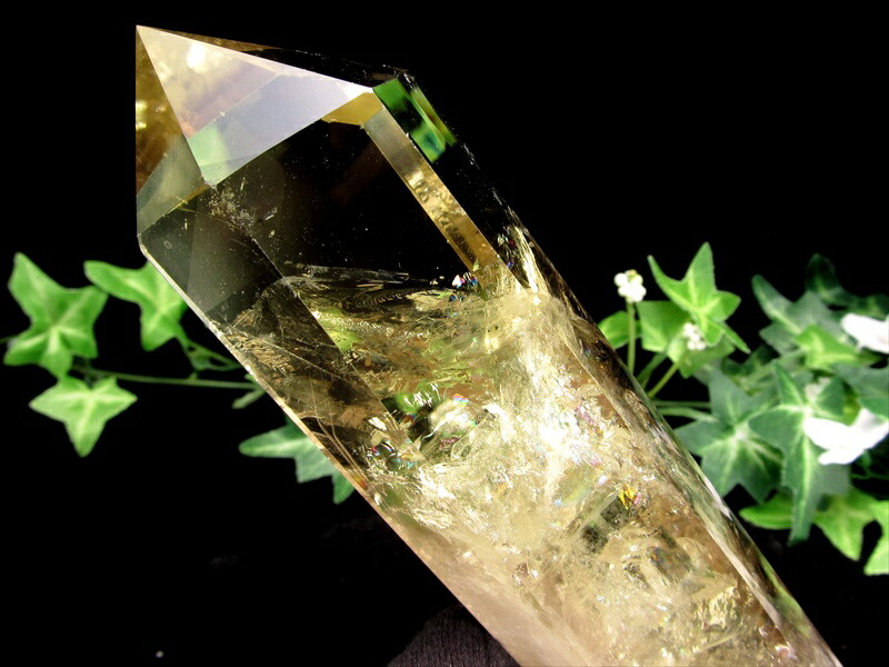 虹入り レインボー シトリン ポイント 置物 専用木製台付 高さ約197mm 重さ441.5g 濃厚発色 黄水晶 11月の誕生石 一点もの ブラジル産 パワーストーン 天然石