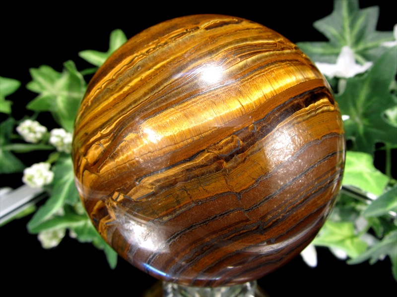 断層模様 タイガーアイ 丸玉 台座付 直径70mm 重さ567g 金運の代名詞 良質シャトヤンシー 幸運を招く聖なる石 南アフリカ産 パワーストーン 天然石