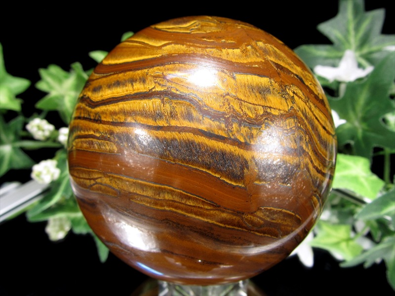 断層模様 タイガーアイ 丸玉 台座付 直径72mm 重さ607g 金運の代名詞 良質シャトヤンシー 幸運を招く聖なる石 南アフリカ産 パワーストーン 天然石
