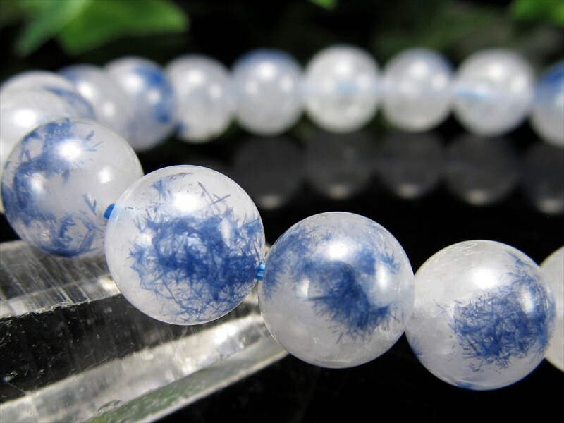 水晶に咲く群青の花 4A デュモルチェライト イン クォーツ ブレスレット 9mm-9.5mm×21珠 ロイヤルブルーガーデン クォーツ 超透明 一点もの ブラジル