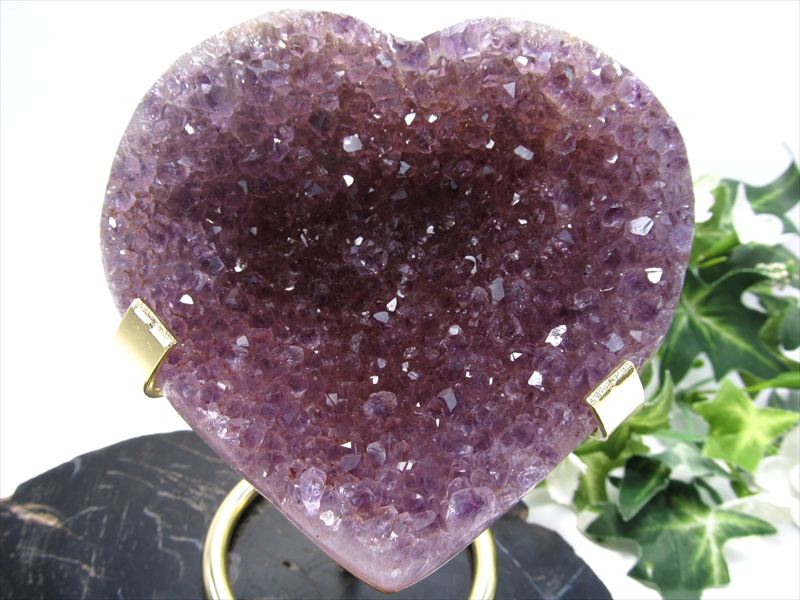 アメジスト ハート型 クラスター ゴールデン台座付 最大幅93mm 重さ198g 極上濃厚パープル&美結晶 愛の守護石 紫水晶 1点物 ウルグアイ産 パワーストーン