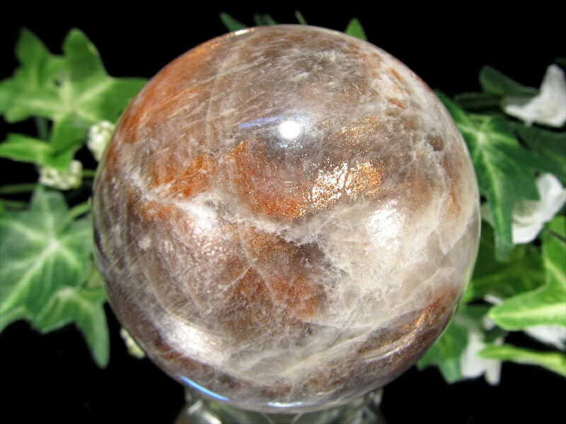 太陽の月の共生 サンストーン ムーンストーン 共生 丸玉 台座付き 直径63mm 重さ368g 煌めくインクルージョン 極上アベンチュレッセンス 太陽神の象徴