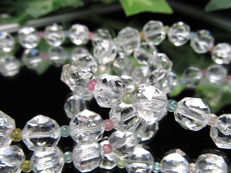 パステルMIX 水晶&MIXトルマリン キラキラカット デザイン ブレスレット 水晶珠サイズ 約7mm-7.5mm×19珠前後 トルマリン珠サイズ 約2.5mm