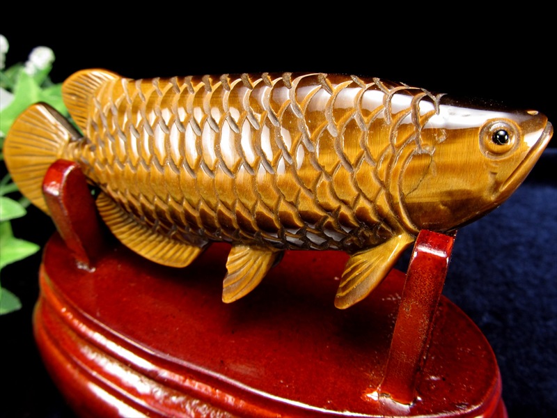 美しいゴールドのシラー アロワナ タイガーアイ 置物 台座付き 幅約118mm 約211g 虎目石 龍魚と呼ばれる古代魚 権力や繁栄、事業の発展の意味を持つモチーフ