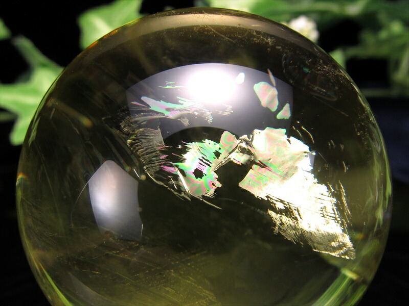 くっきりエンジェルラダー・虹入り 5A 超透明 天翔ける シトリン 丸玉 台座付き 直径約44mm 重さ119g 金運 財運 幸運 お守りにも 一点もの ブラジル産