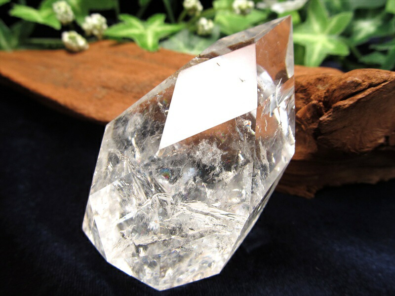 超希少 レムリアンシード贅沢使用 虹入り 天然水晶ドロップファセットカットオブジェ 高さ約67mm 重さ約113g 六芒星ドロップカット