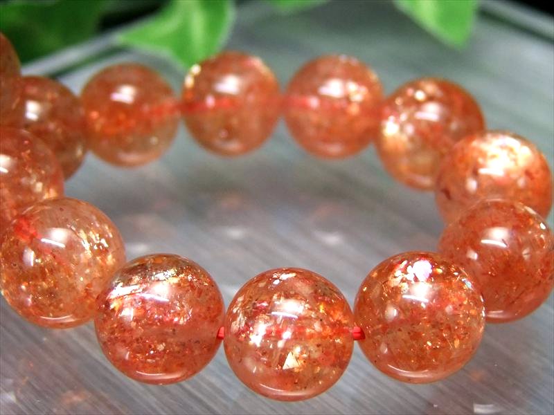4A サンストーン ブレスレット 10mm-10.5mm×20珠 太陽神の象徴 びっしりアベンチュレッセンス ギラギラ フレッシュオレンジカラー 1点物 インド産
