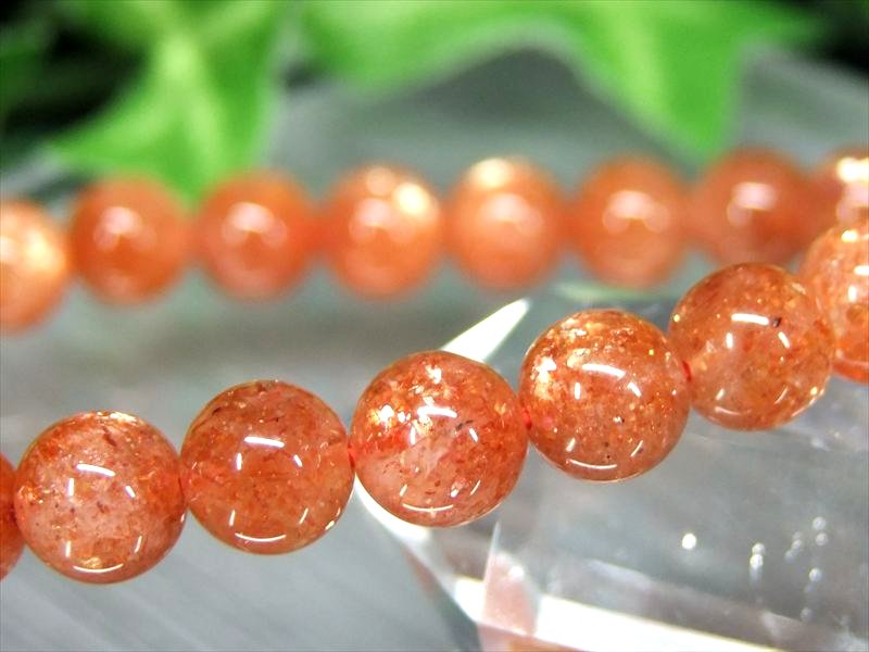4A サンストーン ブレスレット 6.5mm-7.5mm×25珠 太陽神の象徴 びっしりアベンチュレッセンス ギラギラ フレッシュオレンジカラー 1点物 インド産
