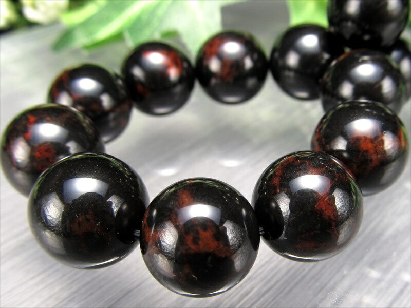 艶やかな黒に紅が浮かぶ神秘の模様 花十勝石 紅十勝石 ブレスレット 約12mm-12.5mm×18珠 北海道の大地が育んだ希少な天然ガラス 国産の黒曜石