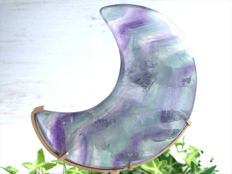 虹入り マルチカラーフローライト クレセントムーン 三日月型 置物 重さ約423.5g 心身のバランスを正常に保ち自然体へと導く石 インテリアや贈り物に