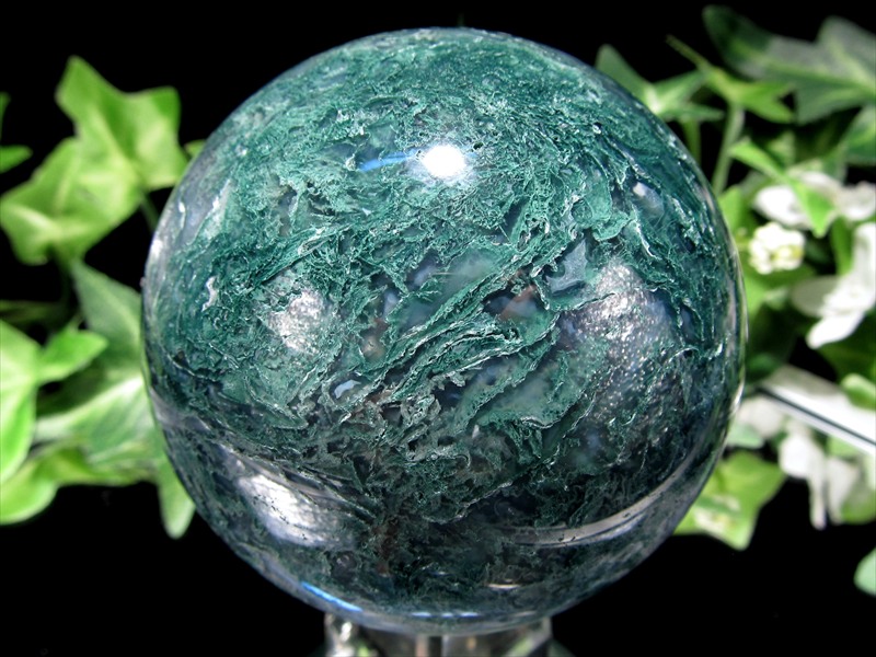 安らぎをもたらす森林浴の石 モスアゲート 苔瑪瑙 丸玉 置物 直径64.5mm 重さ359g 癒しの石 大人気 スフィア 1点物 ブラジル産 パワーストーン 天然石