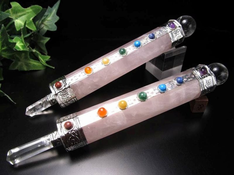 ヒマラヤ水晶丸玉付き ローズクォーツ ヒーリングワンド 全長約15cm-17cm 1個売り マジックワンド チャクラを表す7つの宝石 パワーストーン 天然石