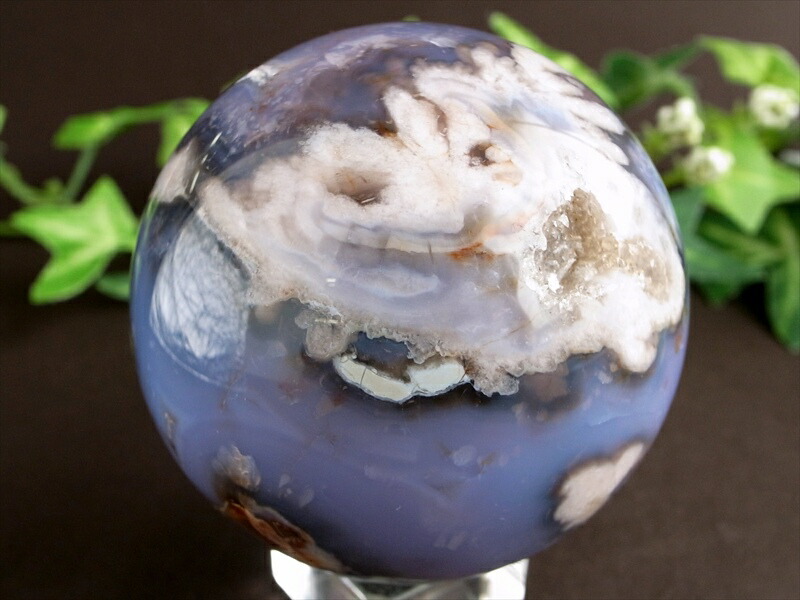 夜桜めのう ブルー桜瑪瑙 丸玉 置物 台座付 直径57mm 重さ246g ふんわりピンクカラー 1点物 マダガスカル産 パワーストーン 天然石