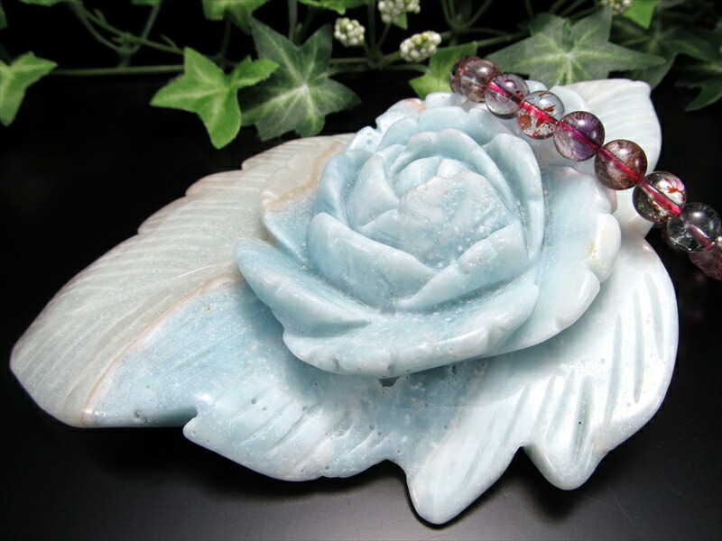 幸運を招く 蒼緑の薔薇 アマゾナイト 薔薇彫刻置物 高さ 34mm 横幅 314mm アマゾナイトがもたらす 言葉と心の調和 可愛らしい 一刀一石彫り 極上一点物