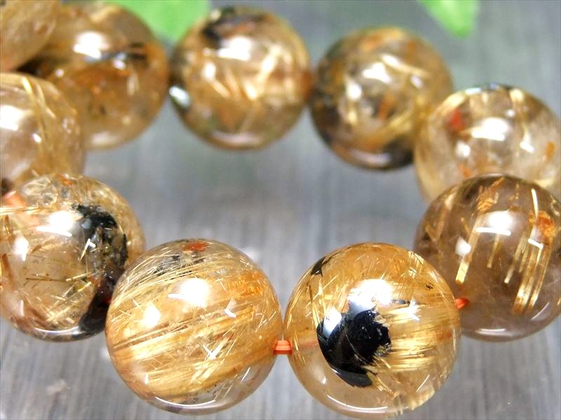 迫力の大珠力強い雷神ルチル 4A 雷神ゴールドタイチンルチルクォーツ ブレスレット 14mm-14.5mm×15珠 ギラギラゴールド 金運の代表石 母岩ヘマタイト入り