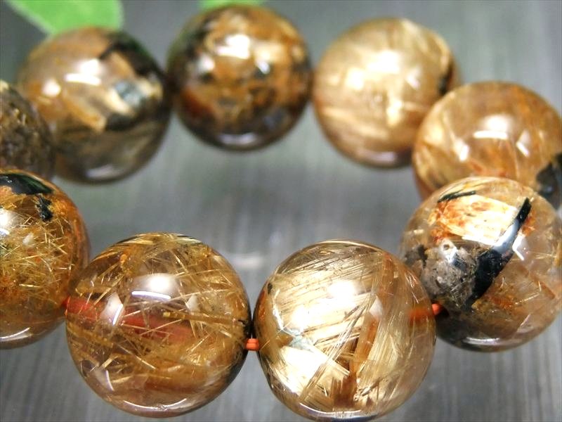 迫力の大珠力強い 雷神ルチル 4A 雷神ゴールドタイチンルチルクォーツ ブレスレット 14mm-14.5mm×16珠 ギラギラゴールド 金運の代表石 母岩ヘマタイト入り