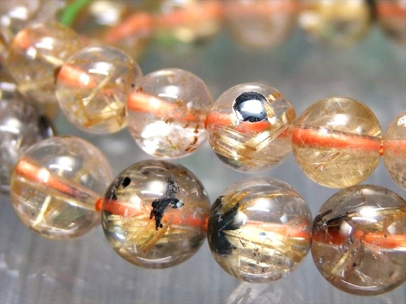 透明 3A 母岩ヘマタイト入り ゴールドルチルクォーツ ブレスレット 7.5mm-8mm×25珠前後 金針たっぷり 繊細針やタイチン入りも ブラジル産 パワーストーン