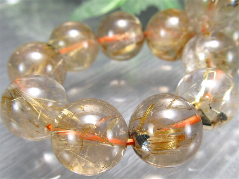 虹入り 3A 母岩ヘマタイト入り ゴールドルチルクォーツ ブレスレット 12mm-13mm×17珠 金運・財運の象徴 金針たっぷり 繊細針 タイチン入り ブラジル産